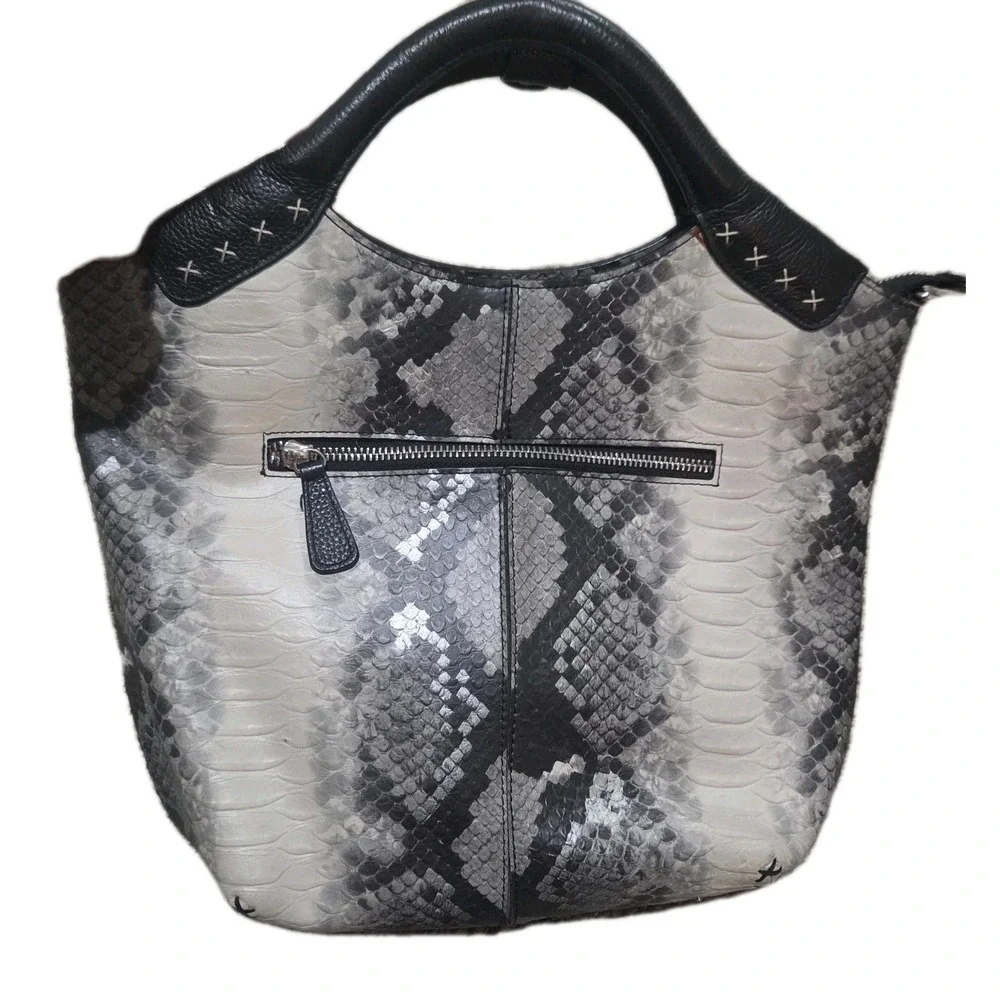 Isabella Adams Gray Black Python Print Leather Satchel Handbag Whipstitch Zip...